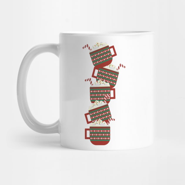 Red Green mugs with hot cocoa, whipped cream, marshmallow and striped candy cane pile by sigdesign